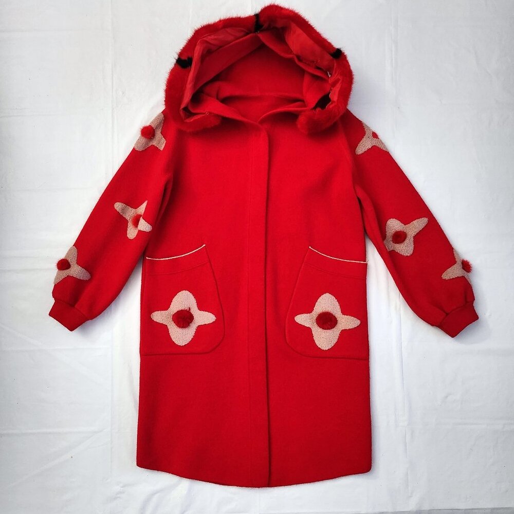 NWOT Women's Unique Long Red Coat w/ Mink Fur Lined Hoodie
